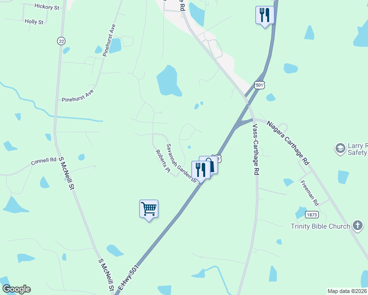 map of restaurants, bars, coffee shops, grocery stores, and more near 228 Savannah Garden Drive in Carthage