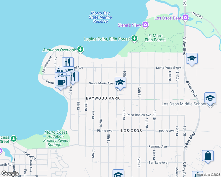 map of restaurants, bars, coffee shops, grocery stores, and more near 1302 8th Street in Baywood-Los Osos