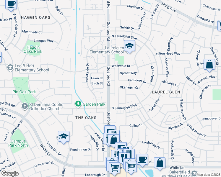 map of restaurants, bars, coffee shops, grocery stores, and more near 3000 Gosford Road in Bakersfield