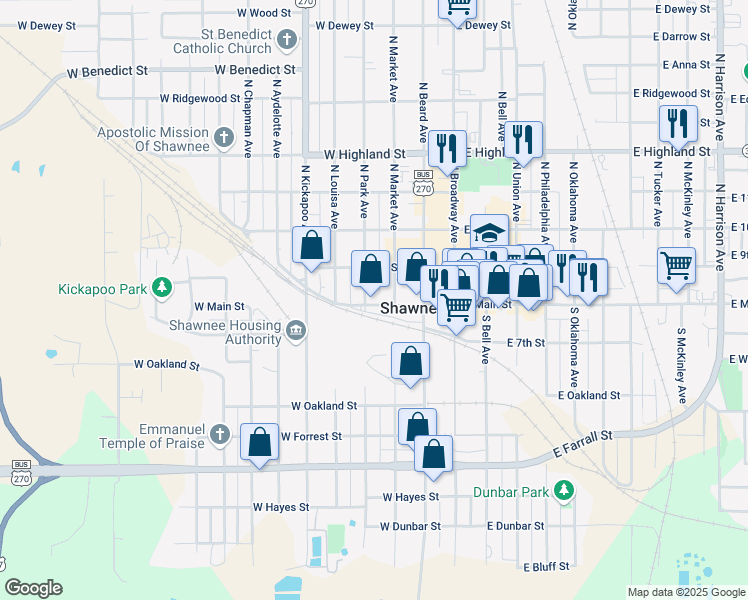 map of restaurants, bars, coffee shops, grocery stores, and more near 117 North Park Avenue in Shawnee