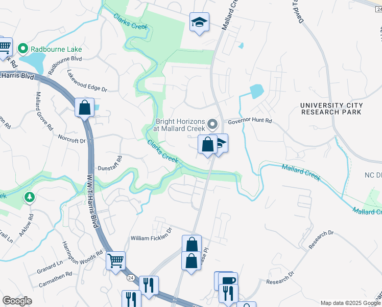map of restaurants, bars, coffee shops, grocery stores, and more near 3121 Brockhampton Court in Charlotte