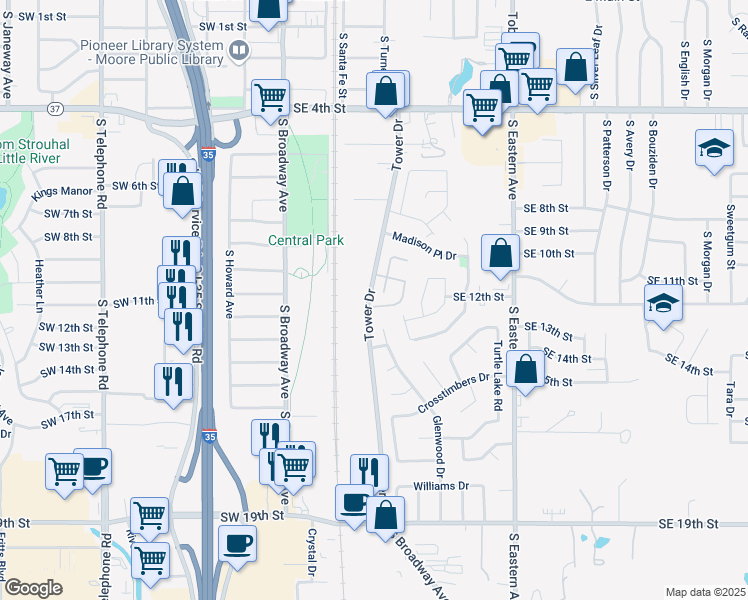 map of restaurants, bars, coffee shops, grocery stores, and more near 301 Falling Leaf Terrace in Moore