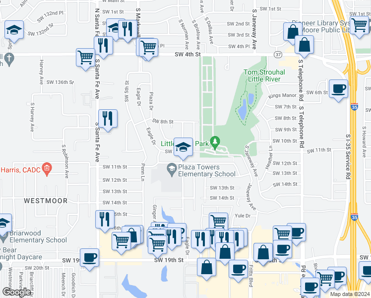 map of restaurants, bars, coffee shops, grocery stores, and more near 817 Southwest 10th Street in Moore