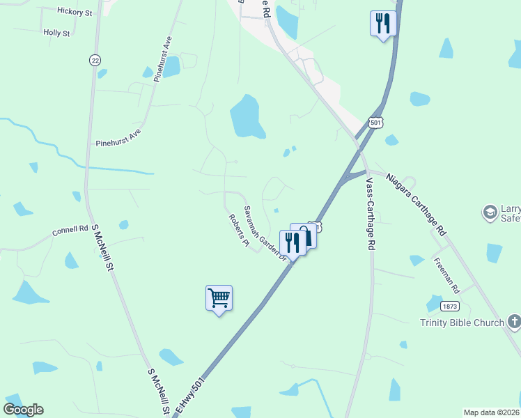 map of restaurants, bars, coffee shops, grocery stores, and more near 232 Savannah Garden Drive in Carthage
