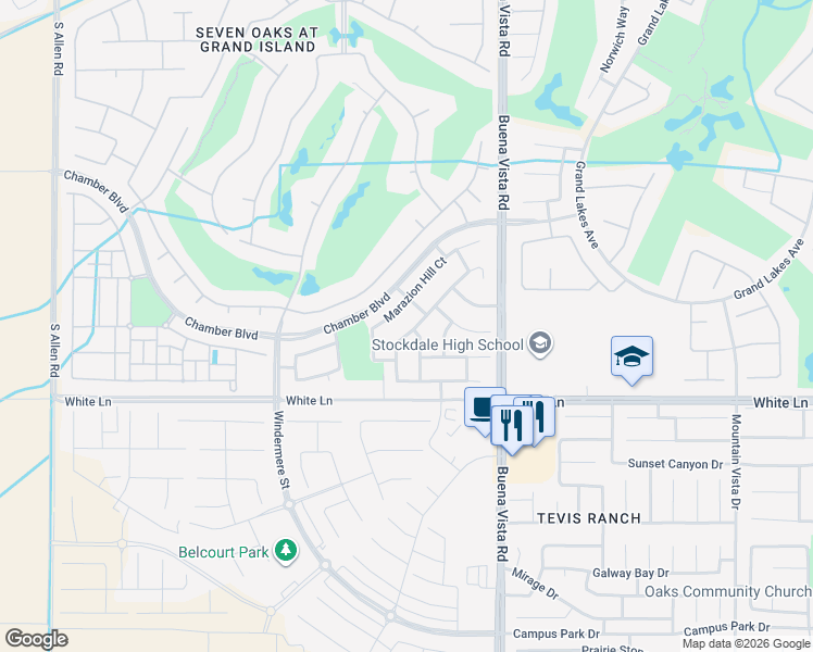 map of restaurants, bars, coffee shops, grocery stores, and more near 11600 Vauxhall Bridge Drive in Bakersfield