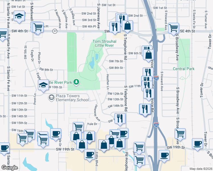 map of restaurants, bars, coffee shops, grocery stores, and more near 701 Little River Circle in Moore