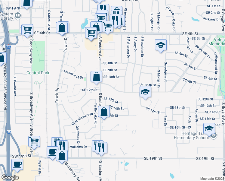 map of restaurants, bars, coffee shops, grocery stores, and more near 833 Southeast 12th Street in Moore