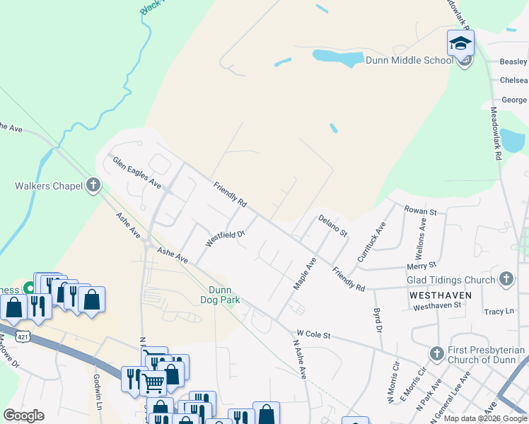 map of restaurants, bars, coffee shops, grocery stores, and more near 311 Westfield Drive in Dunn