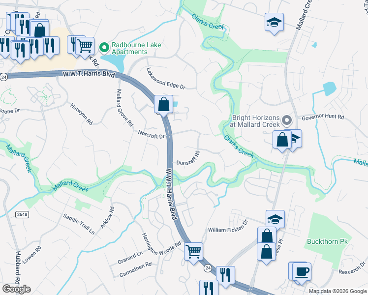 map of restaurants, bars, coffee shops, grocery stores, and more near 2830 Oldenway Dr in Charlotte