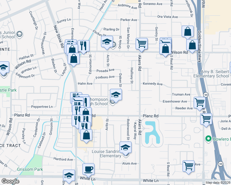 map of restaurants, bars, coffee shops, grocery stores, and more near 4317 Keith Way in Bakersfield
