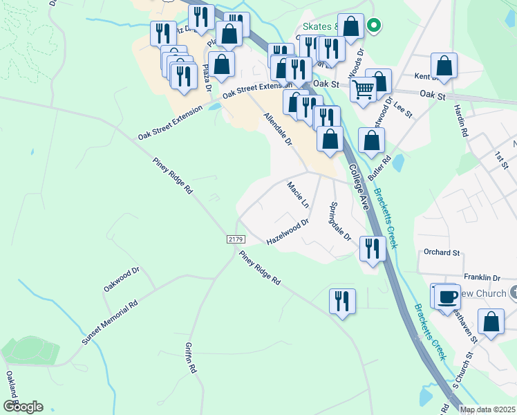 map of restaurants, bars, coffee shops, grocery stores, and more near 535 Butler Road in Forest City