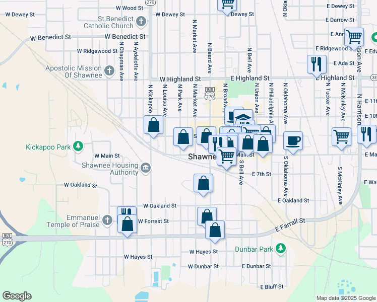 map of restaurants, bars, coffee shops, grocery stores, and more near 117 North Park Avenue in Shawnee