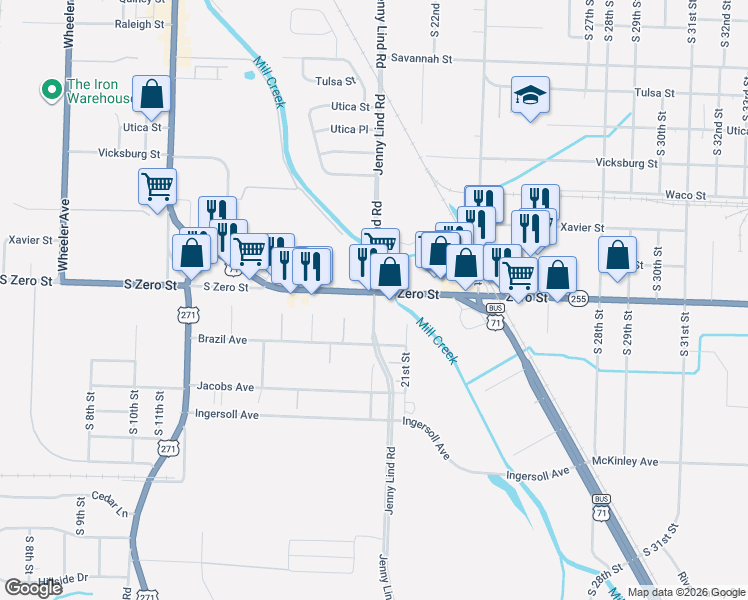 map of restaurants, bars, coffee shops, grocery stores, and more near Jenny Lind Road in Fort Smith