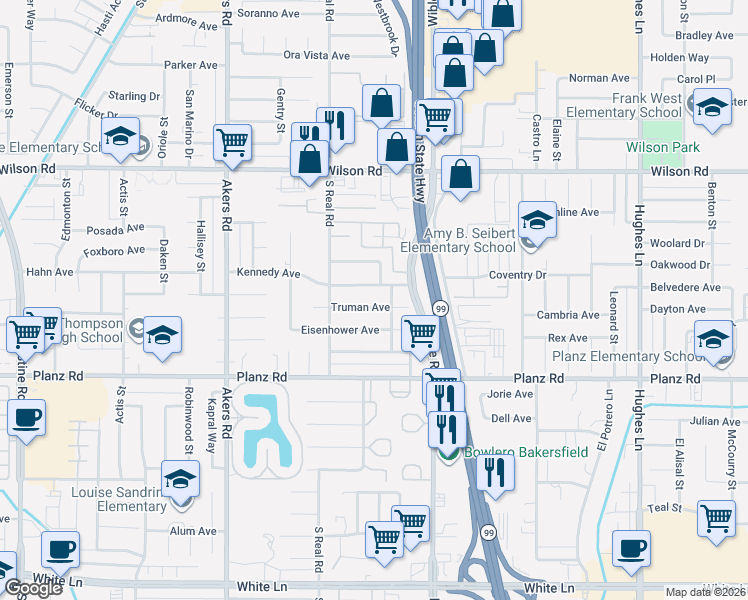 map of restaurants, bars, coffee shops, grocery stores, and more near 3512 Truman Avenue in Bakersfield