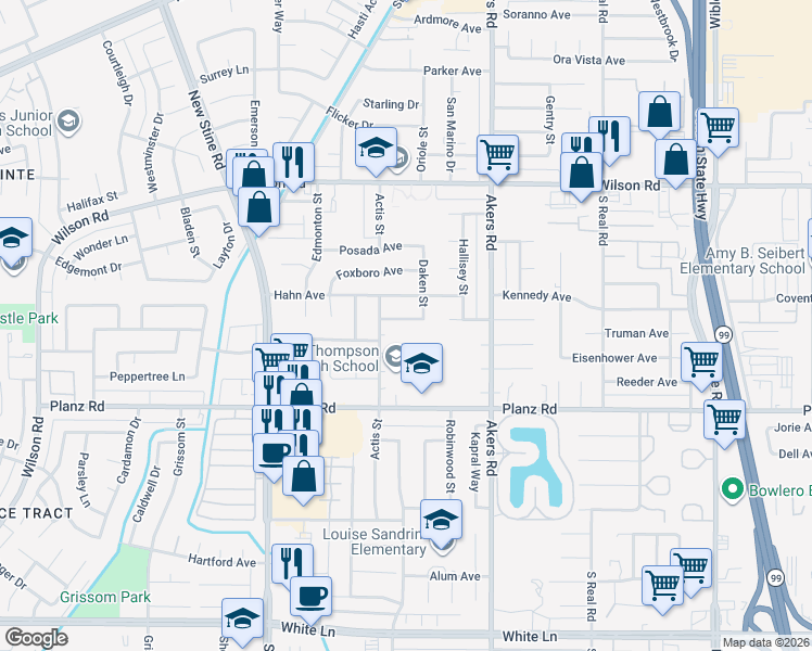 map of restaurants, bars, coffee shops, grocery stores, and more near 4317 Keith Way in Bakersfield