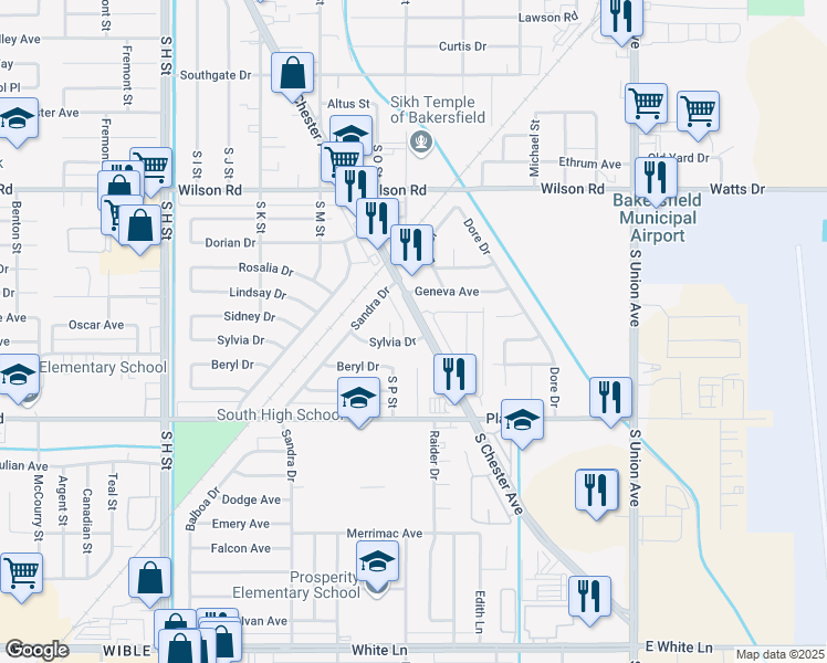 map of restaurants, bars, coffee shops, grocery stores, and more near 2909 South Chester Avenue in Bakersfield