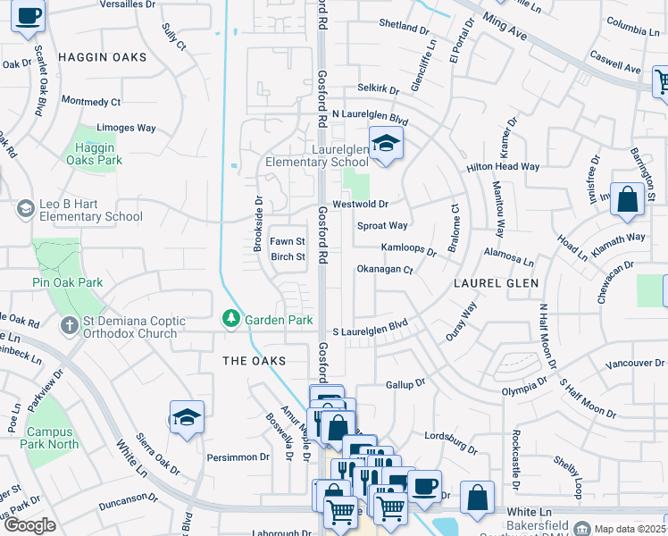 map of restaurants, bars, coffee shops, grocery stores, and more near 3001 Victoria Way in Bakersfield