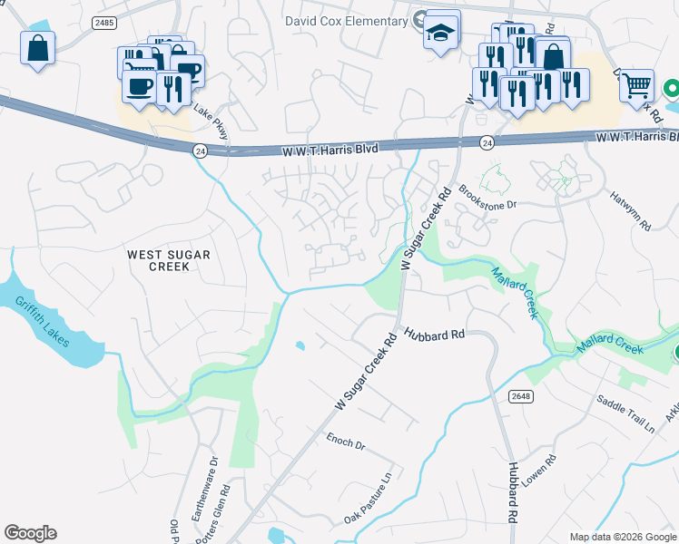 map of restaurants, bars, coffee shops, grocery stores, and more near 5982 Cougar Lane in Charlotte