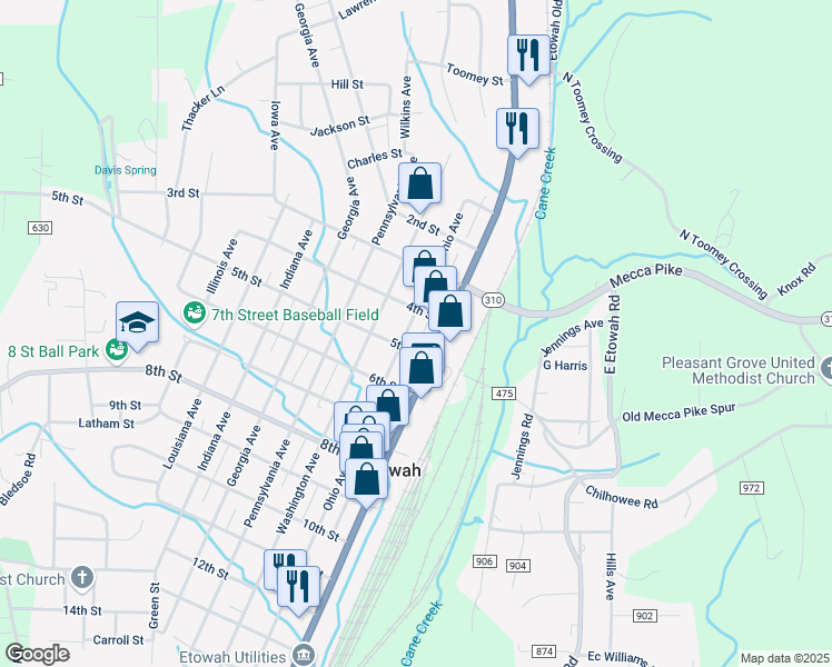 map of restaurants, bars, coffee shops, grocery stores, and more near 400 Tennessee Avenue in Etowah