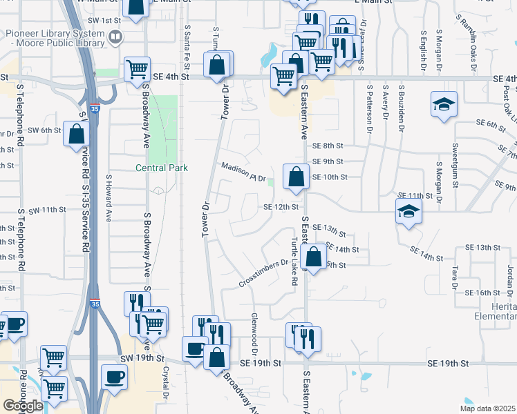 map of restaurants, bars, coffee shops, grocery stores, and more near 1219 Stoneridge Drive in Moore