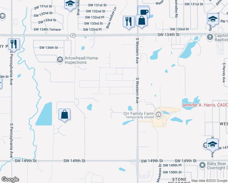 map of restaurants, bars, coffee shops, grocery stores, and more near 1016 Southwest 140th Street in Oklahoma City