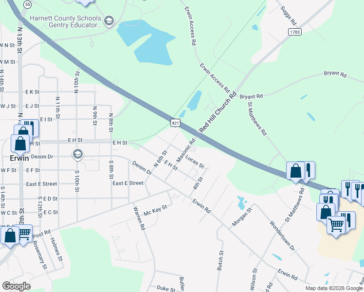 map of restaurants, bars, coffee shops, grocery stores, and more near 802 Lucas Street in Erwin