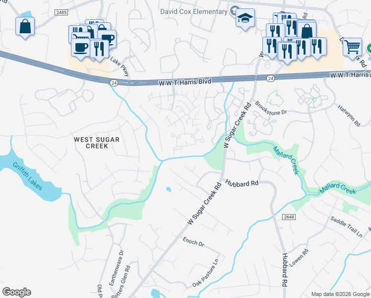 map of restaurants, bars, coffee shops, grocery stores, and more near 5982 Cougar Lane in Charlotte