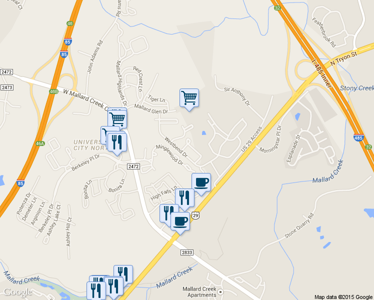 map of restaurants, bars, coffee shops, grocery stores, and more near 10740 Hill Point Court in Charlotte