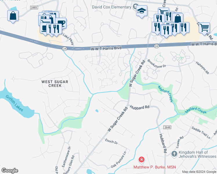 map of restaurants, bars, coffee shops, grocery stores, and more near 5995 Cougar Lane in Charlotte