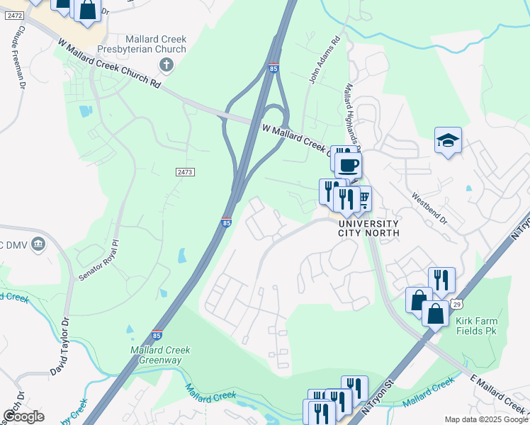 map of restaurants, bars, coffee shops, grocery stores, and more near 9811 Parthenon Court in Charlotte