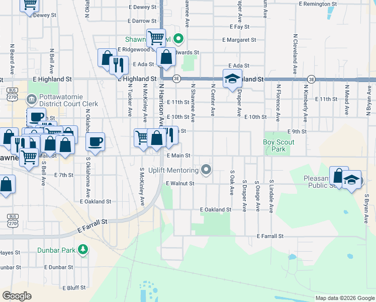 map of restaurants, bars, coffee shops, grocery stores, and more near 913 Buck Drive in Shawnee