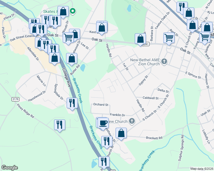 map of restaurants, bars, coffee shops, grocery stores, and more near 128 Dunbar Street in Forest City