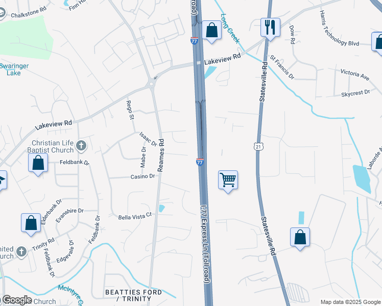 map of restaurants, bars, coffee shops, grocery stores, and more near 6951 Silver Garden Lane in Charlotte