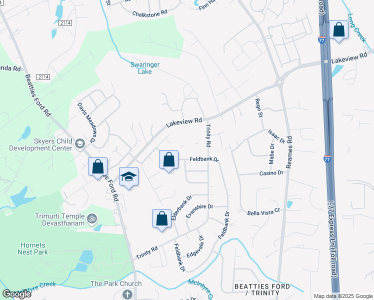 map of restaurants, bars, coffee shops, grocery stores, and more near 9617 Trinity Road in Charlotte