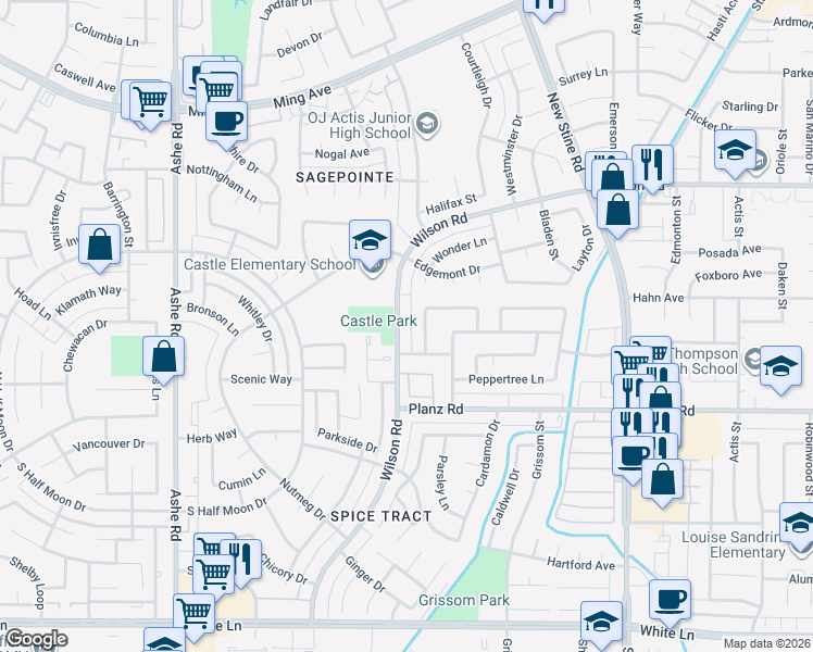 map of restaurants, bars, coffee shops, grocery stores, and more near 5813 Wilson Road in Bakersfield