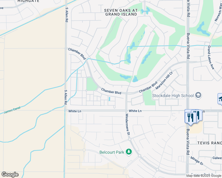 map of restaurants, bars, coffee shops, grocery stores, and more near 3007 Springbank Court in Bakersfield