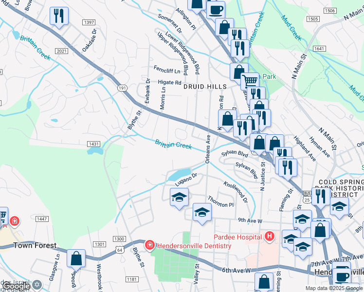 map of restaurants, bars, coffee shops, grocery stores, and more near 1415 Whitmire Street in Hendersonville