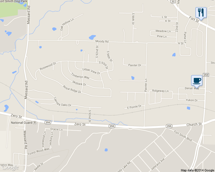 map of restaurants, bars, coffee shops, grocery stores, and more near 9207 Skypark Drive in Fort Smith