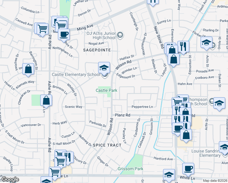map of restaurants, bars, coffee shops, grocery stores, and more near 5813 Wilson Road in Bakersfield