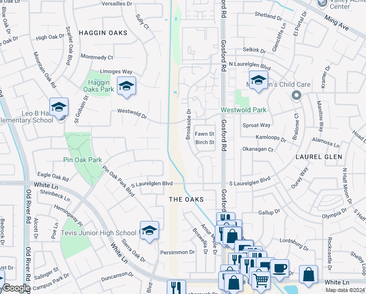 map of restaurants, bars, coffee shops, grocery stores, and more near 2933 Brookside Drive in Bakersfield