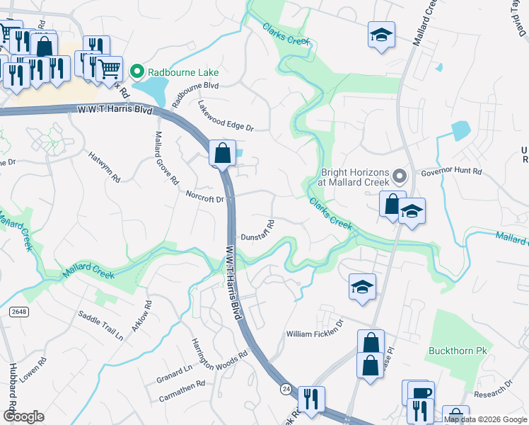 map of restaurants, bars, coffee shops, grocery stores, and more near 8401 Dunstaff Road in Charlotte
