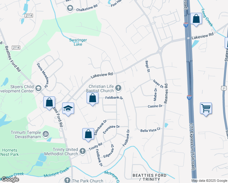 map of restaurants, bars, coffee shops, grocery stores, and more near 9609 Trinity Road in Charlotte
