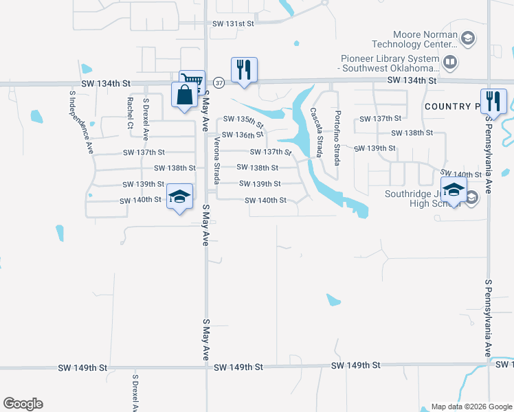 map of restaurants, bars, coffee shops, grocery stores, and more near 2708 Southwest 140th Street in Oklahoma City