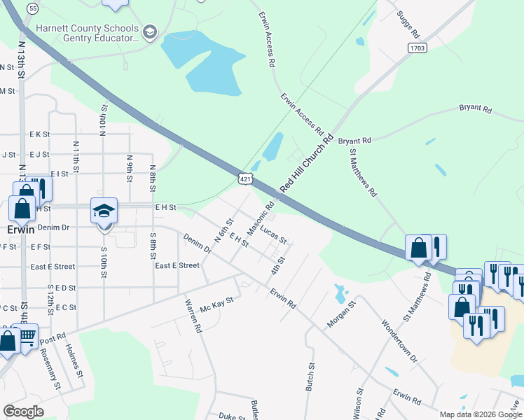 map of restaurants, bars, coffee shops, grocery stores, and more near 802 Lucas Street in Erwin