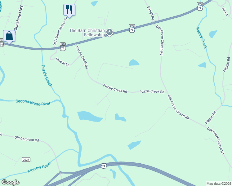 map of restaurants, bars, coffee shops, grocery stores, and more near 398 Puzzle Creek Road in Bostic