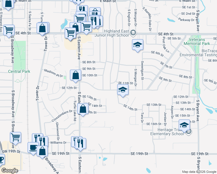 map of restaurants, bars, coffee shops, grocery stores, and more near 1204 South Patterson Drive in Moore