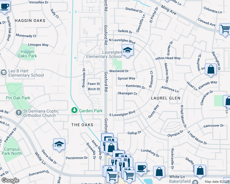 map of restaurants, bars, coffee shops, grocery stores, and more near 3001 Victoria Way in Bakersfield