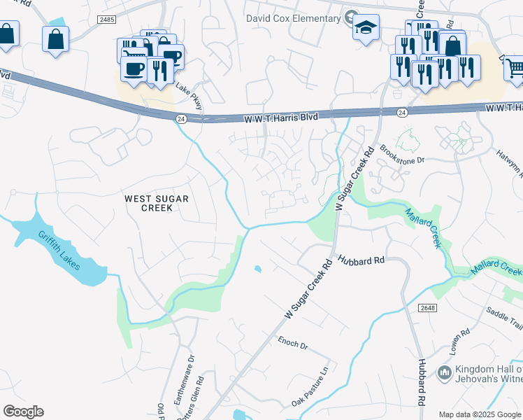 map of restaurants, bars, coffee shops, grocery stores, and more near 6079 Cougar Lane in Charlotte