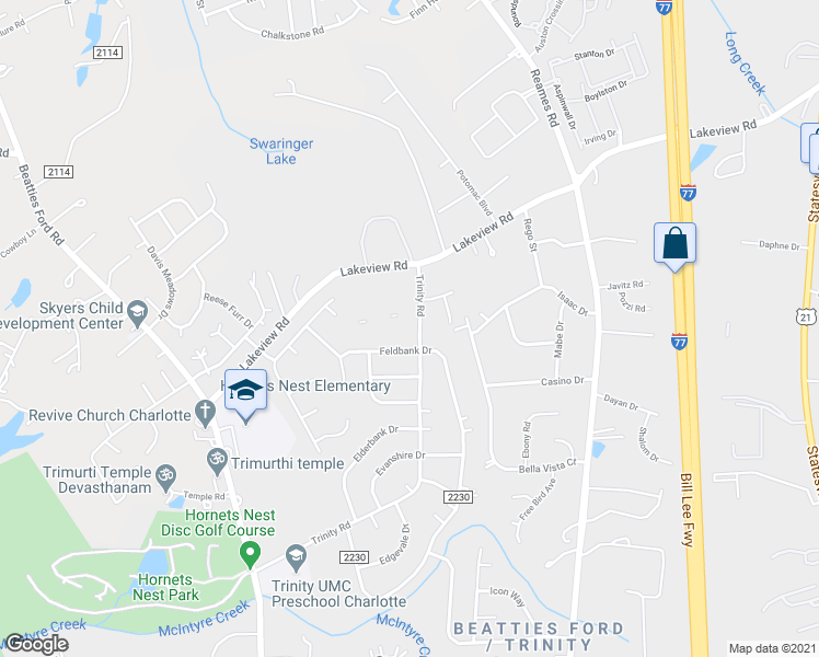 map of restaurants, bars, coffee shops, grocery stores, and more near 9609 Trinity Road in Charlotte