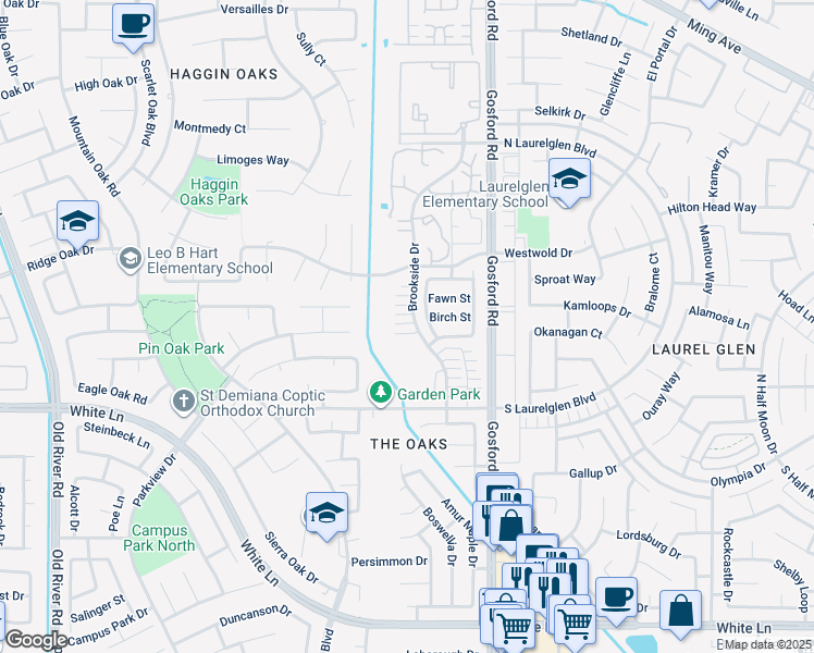 map of restaurants, bars, coffee shops, grocery stores, and more near 2939 Brookside Drive in Bakersfield